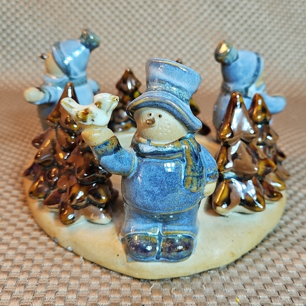 Vintage Pottery Style Candle Holder Glazed Snowmen Bird Trees Christmas Winter